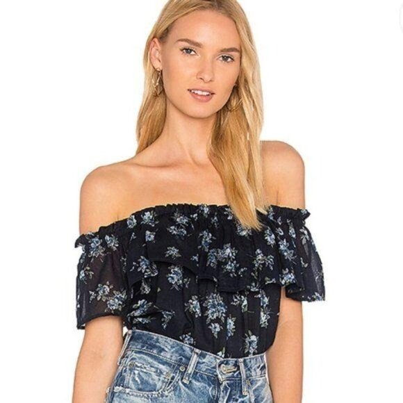 Current/Elliott Tops - Current/Elliott The Ruffle Off The Shoulder Short Sleeve Blouse Navy Floral Sz 0